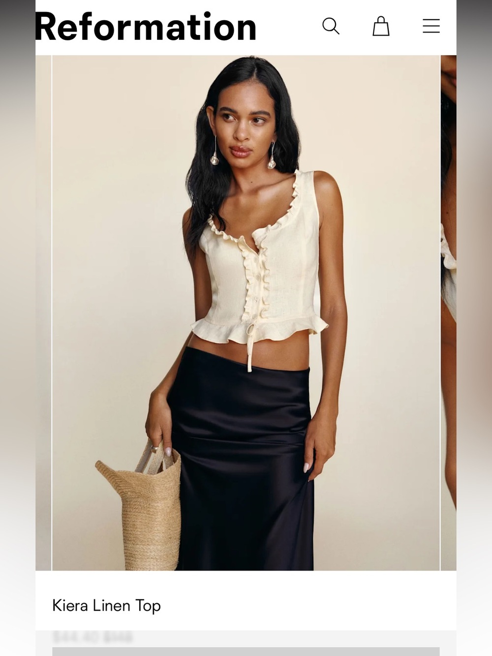 Reformation Cream Ruffle-Trim Button-Front Linen top - Picture 8 of 9